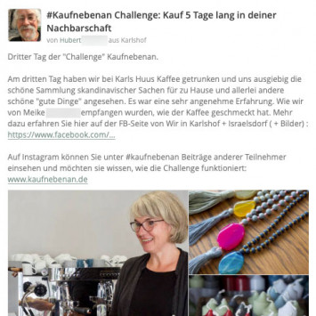 Hubert besucht das Karls Huus am dritten Tag der #kaufnebenan Challenge. (Bild: nebenan.de)